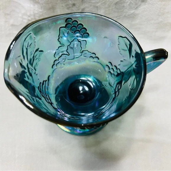Vintage Indiana Glass blue carnival glass harvest grape cream & sugar on tray. - Picture 6 of 10